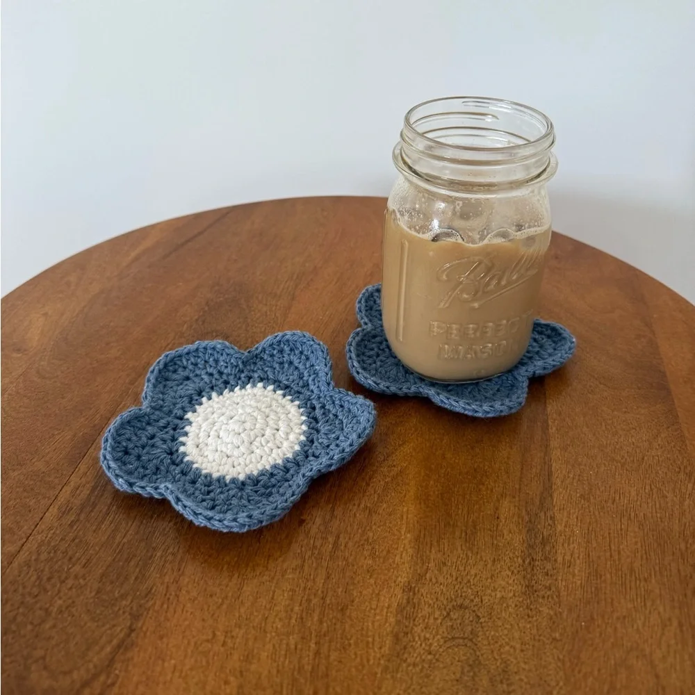 Crochet Blue and White Daisy Flower Coasters, Handmade